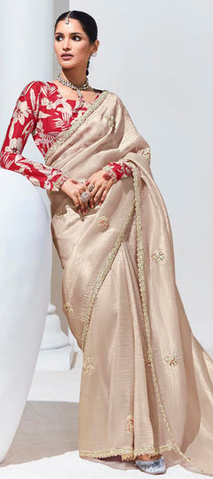 Festive, Reception Beige and Brown color Saree in Organza Silk fabric with Classic Digital Print, Embroidered, Lace, Resham, Stone, Zari work : 1959795