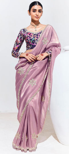 Festive, Reception Pink and Majenta color Saree in Organza Silk fabric with Classic Digital Print, Embroidered, Lace, Resham, Stone, Zari work : 1959797