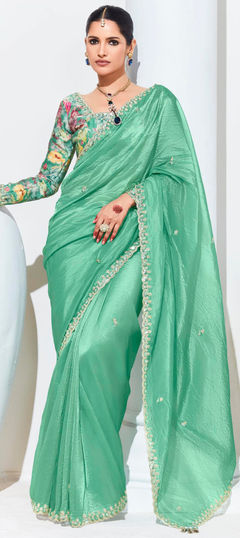 Festive, Reception Green color Saree in Organza Silk fabric with Classic Digital Print, Embroidered, Lace, Resham, Stone, Zari work : 1959799