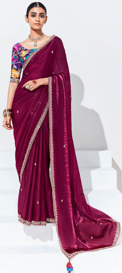 Festive, Reception Pink and Majenta color Saree in Organza Silk fabric with Classic Digital Print, Embroidered, Lace, Resham, Stone, Zari work : 1959800