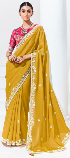 Yellow color Saree in Organza Silk fabric with Embroidered, Lace, Resham, Stone, Zari work