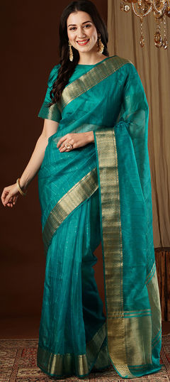 Festive, Party Wear, Traditional Blue color Saree in Organza Silk fabric with Classic Border, Sequence, Zari work : 1959835