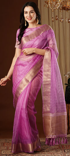 Festive, Party Wear, Traditional Purple and Violet color Saree in Organza Silk fabric with Classic Border, Sequence, Zari work : 1959836