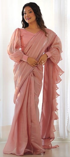 Festive, Party Wear, Reception Pink and Majenta color Readymade Saree in Organza Silk fabric with Classic, Ruffle Lace work : 1959837