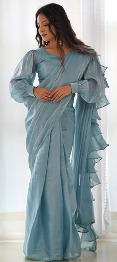 Festive, Party Wear, Reception Blue color Readymade Saree in Organza Silk fabric with Classic, Ruffle Lace work : 1959838