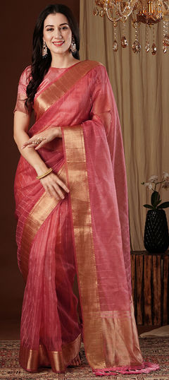 Festive, Party Wear, Traditional Pink and Majenta color Saree in Organza Silk fabric with Classic Border, Sequence, Zari work : 1959841