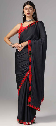 Blue color Saree in Satin Silk fabric with Border, Mirror, Resham, Thread work