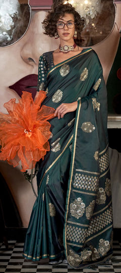 Green color Saree in Satin Silk fabric with Weaving, Zari work