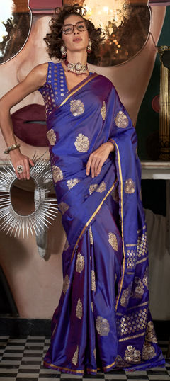 Blue color Saree in Satin Silk fabric with Weaving, Zari work