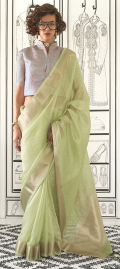 Green color Saree in Chiffon fabric with Weaving, Zari work