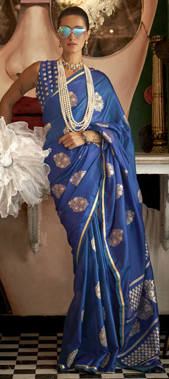 Blue color Saree in Satin Silk fabric with Weaving, Zari work