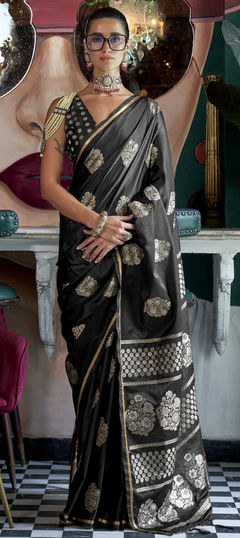 Black and Grey color Saree in Satin Silk fabric with Weaving, Zari work