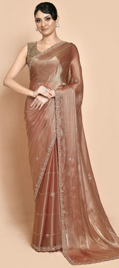 Beige and Brown color Saree in Shimmer fabric with Embroidered, Sequence, Thread work