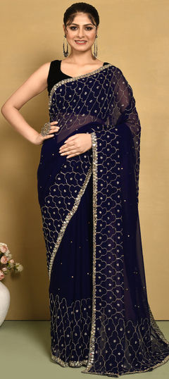 Bridal, Wedding Blue color Saree in Georgette fabric with Classic Cut Dana, Mirror work : 1959872