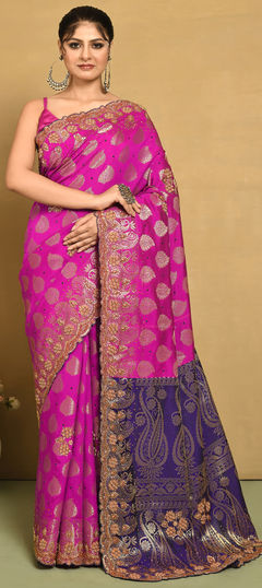 Bridal, Wedding Pink and Majenta color Saree in Kanjeevaram Silk fabric with South Bugle Beads, Cut Dana, Stone, Weaving work : 1959873