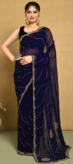 Bridal, Wedding Blue color Saree in Georgette fabric with Classic Cut Dana, Stone work : 1959874