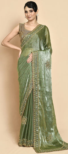 Green color Saree in Shimmer fabric with Bugle Beads, Mirror, Stone work