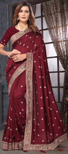 Red and Maroon color Saree in Art Silk fabric with Embroidered, Zari work