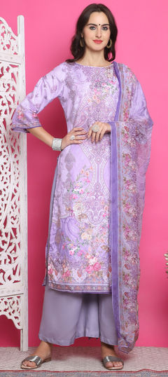 Festive, Party Wear Purple and Violet color Salwar Kameez in Satin Silk fabric with Palazzo, Straight Digital Print, Floral work : 1960034