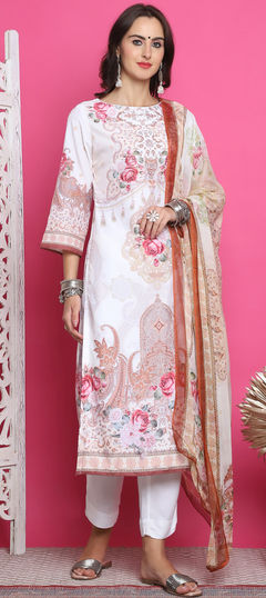 Festive, Party Wear White and Off White color Salwar Kameez in Satin Silk fabric with Palazzo, Straight Digital Print, Floral work : 1960036