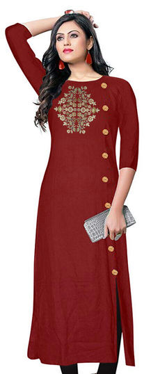 Summer Red and Maroon color Kurti in Rayon fabric with Straight Embroidered work : 1960059