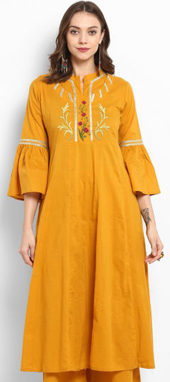 Summer Yellow color Kurti in Rayon fabric with A Line Embroidered work : 1960060