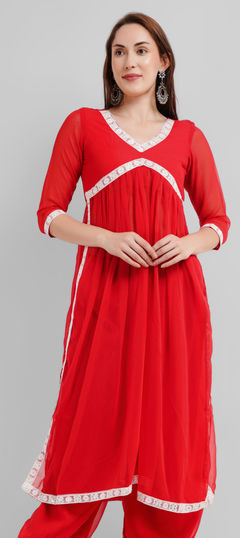 Casual Red and Maroon color Kurti in Georgette fabric with A Line Lace work : 1960061