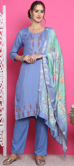 Blue color Salwar Kameez in Muslin fabric with Embroidered, Resham, Thread work