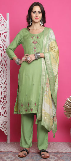 Green color Salwar Kameez in Muslin fabric with Embroidered, Resham, Thread work