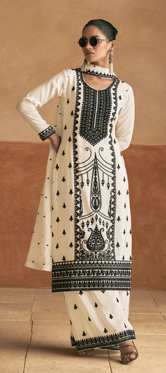 White and Off White color Salwar Kameez in Silk fabric with Embroidered, Resham, Thread work