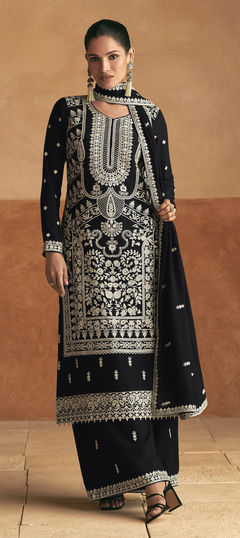 Black and Grey color Salwar Kameez in Silk fabric with Embroidered, Resham, Thread work