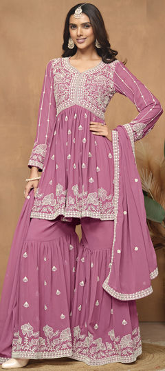 Pink and Majenta color Salwar Kameez in Faux Georgette fabric with Embroidered, Resham, Thread work