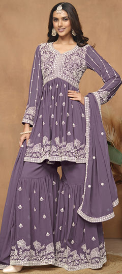 Purple and Violet color Salwar Kameez in Faux Georgette fabric with Embroidered, Resham, Thread work