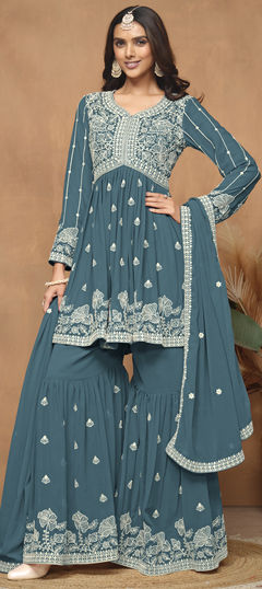 Blue color Salwar Kameez in Faux Georgette fabric with Embroidered, Resham, Thread work