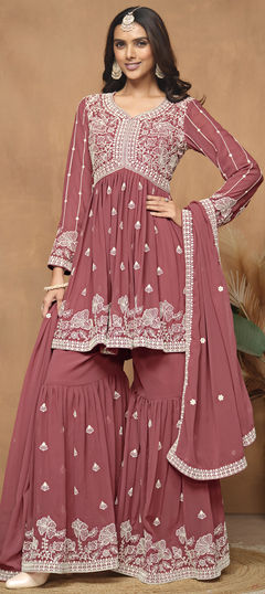 Red and Maroon color Salwar Kameez in Faux Georgette fabric with Embroidered, Resham, Thread work