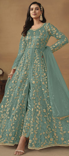 Engagement, Festive, Reception Green color Salwar Kameez in Net fabric with Anarkali Embroidered, Thread, Zari work : 1960088