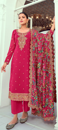 Festive, Party Wear, Reception Pink and Majenta color Salwar Kameez in Georgette fabric with Straight Embroidered, Resham, Thread, Zari work : 1960098