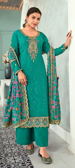 Festive, Party Wear, Reception Green color Salwar Kameez in Georgette fabric with Straight Embroidered, Resham, Thread, Zari work : 1960099