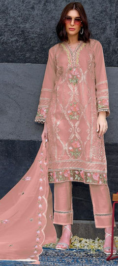 Pink and Majenta color Salwar Kameez in Organza Silk fabric with Embroidered, Sequence work