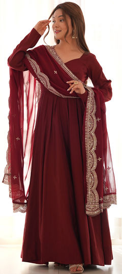 Red and Maroon color Salwar Kameez in Crepe Silk fabric with Sequence work