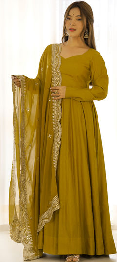 Yellow color Salwar Kameez in Crepe Silk fabric with Embroidered, Sequence, Thread work