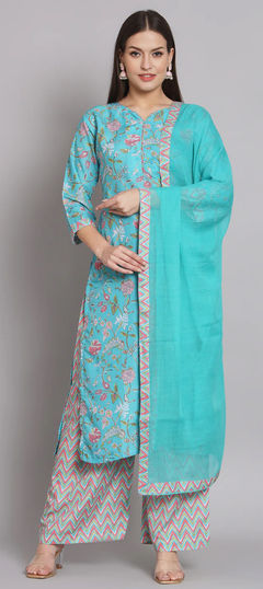 Festive, Party Wear Blue color Salwar Kameez in Rayon fabric with Palazzo, Straight Embroidered, Printed, Thread work : 1960132