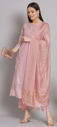 Festive, Party Wear Pink and Majenta color Salwar Kameez in Chanderi Silk fabric with Straight Embroidered, Thread work : 1960134