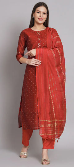 Red and Maroon color Salwar Kameez in Chanderi Silk fabric with Embroidered, Thread work