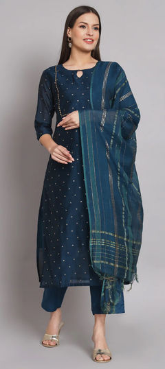 Blue color Salwar Kameez in Chanderi Silk fabric with Embroidered, Thread work