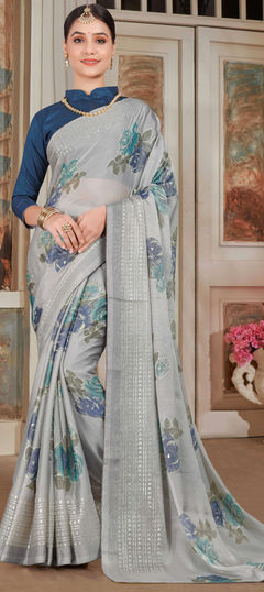 Party Wear, Traditional Black and Grey color Saree in Art Silk fabric with Classic, South Floral, Printed work : 1960160