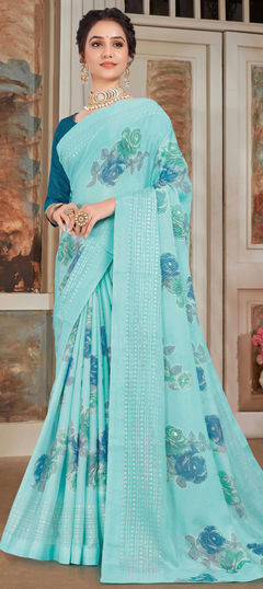 Party Wear, Traditional Blue color Saree in Art Silk fabric with Classic, South Floral, Printed work : 1960161