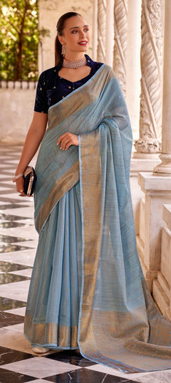 Black and Grey color Saree in Linen fabric with Weaving work