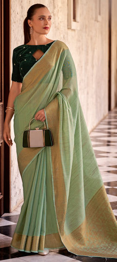 Green color Saree in Linen fabric with Weaving work