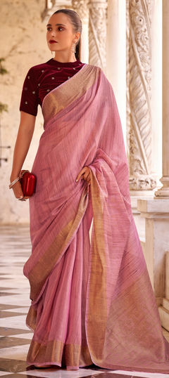 Pink and Majenta color Saree in Linen fabric with Weaving work